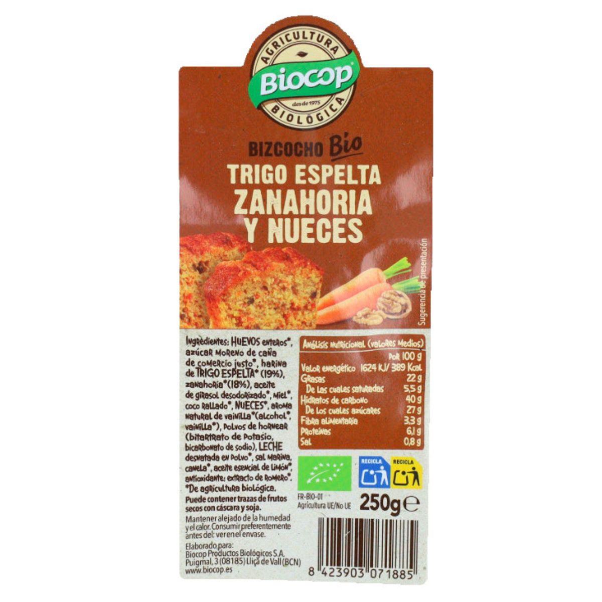 Bizcocho de Trigo de Espelta Zanahoria y Nueces Biocop 250 g
