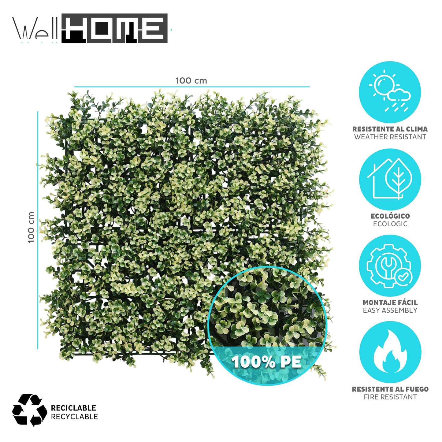 Jardín Vertical Artificial 100x100cm Well Home Hojas Verdes Y Blancas Naturales_1