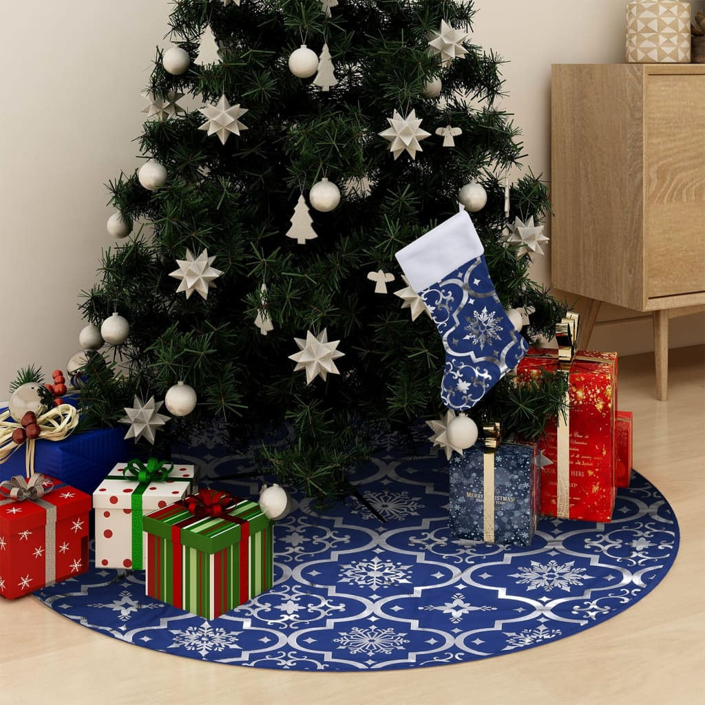 Vidaxl Falda Del Árbol De Navidad De Lujo Con Calcetín Tela Azul 150cm_1