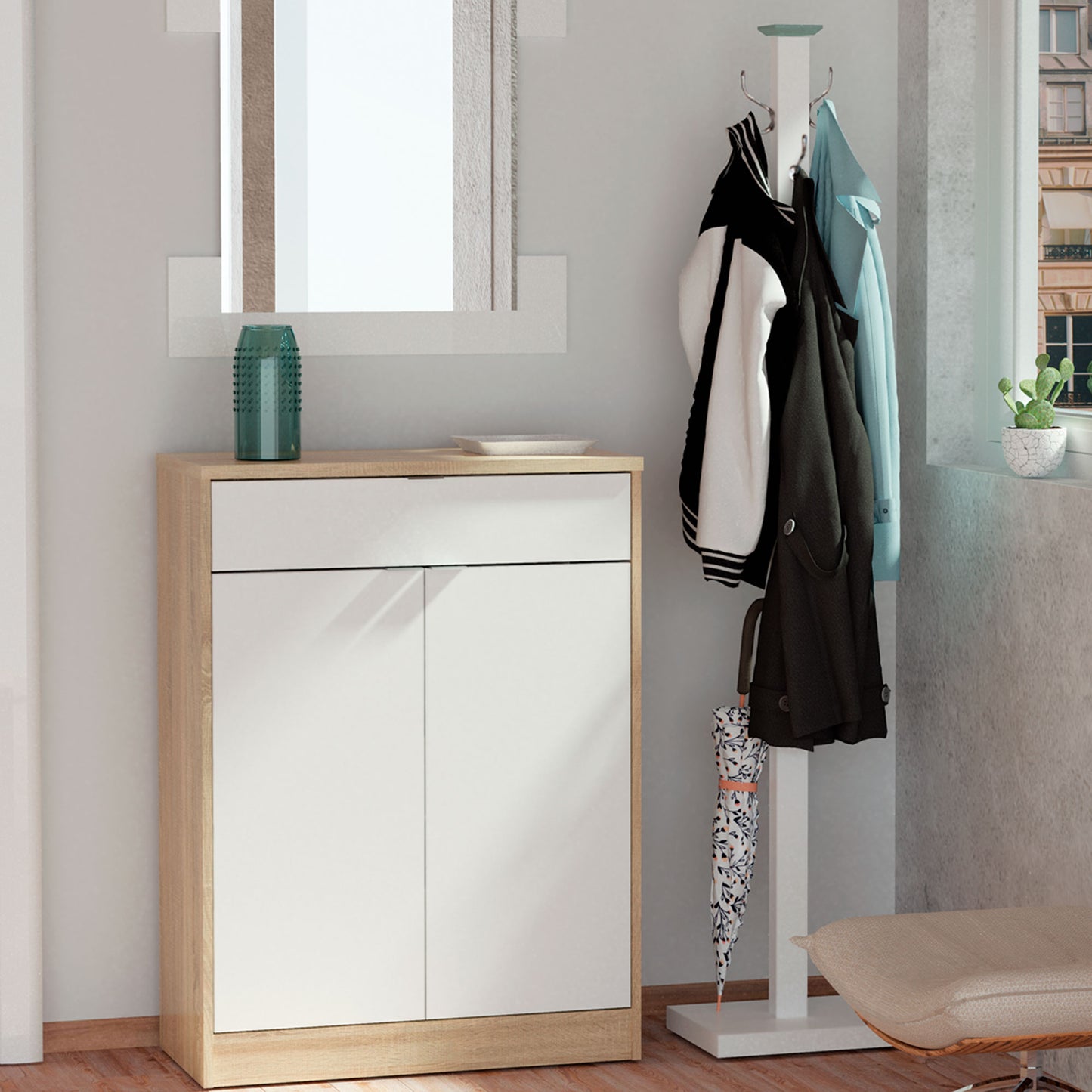 Zapatero Entrada Recibidor, Mueble Auxiliar Estrecho Zapatos, 2 Puertas, 1 Cajón 101x75x36 Cm, Briebe, Domus, Blanco