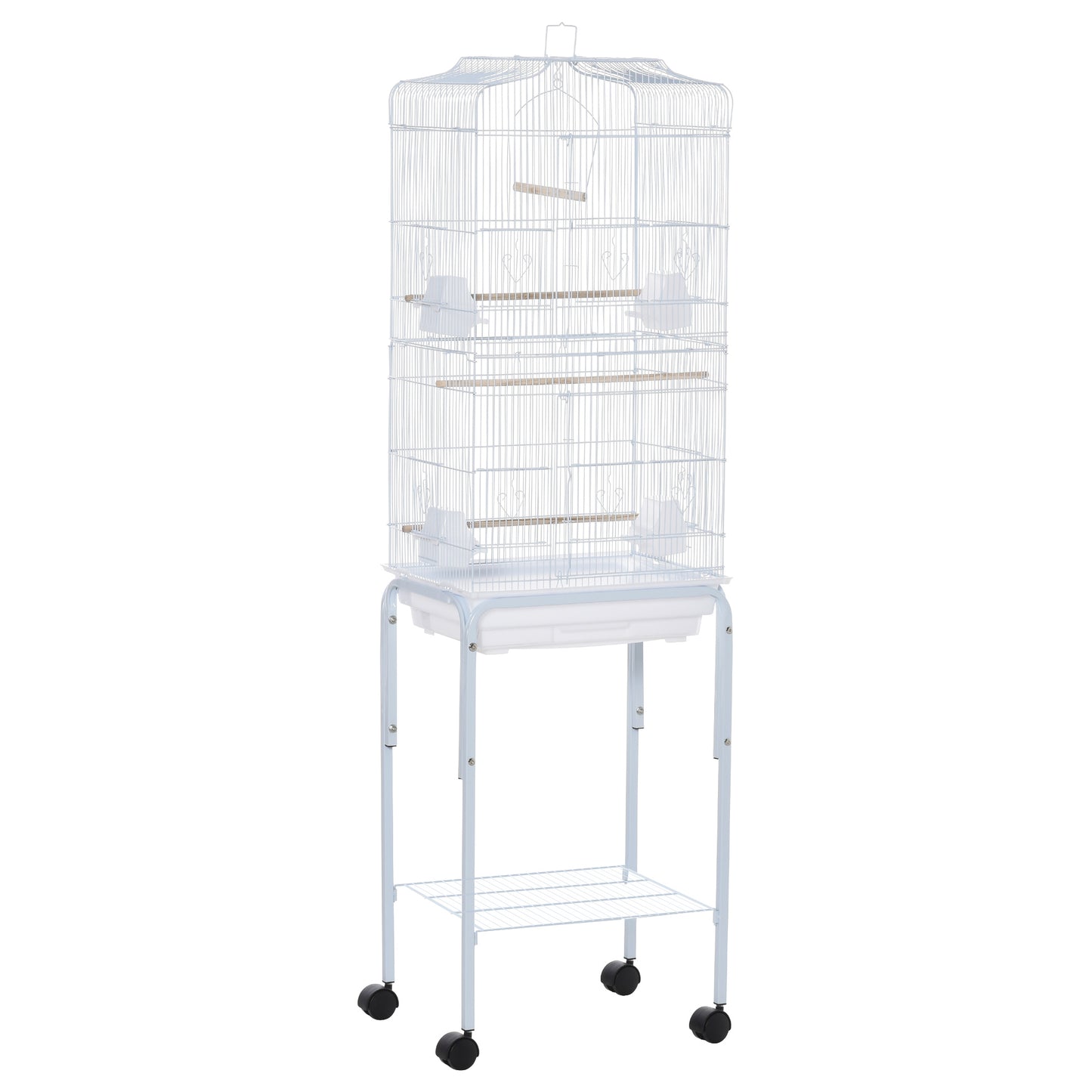 Pawhut Jaula Para Pájaros Con Soporte 4 Ruedas Y Comederos 46,5x36x157 Cm Blanco_0