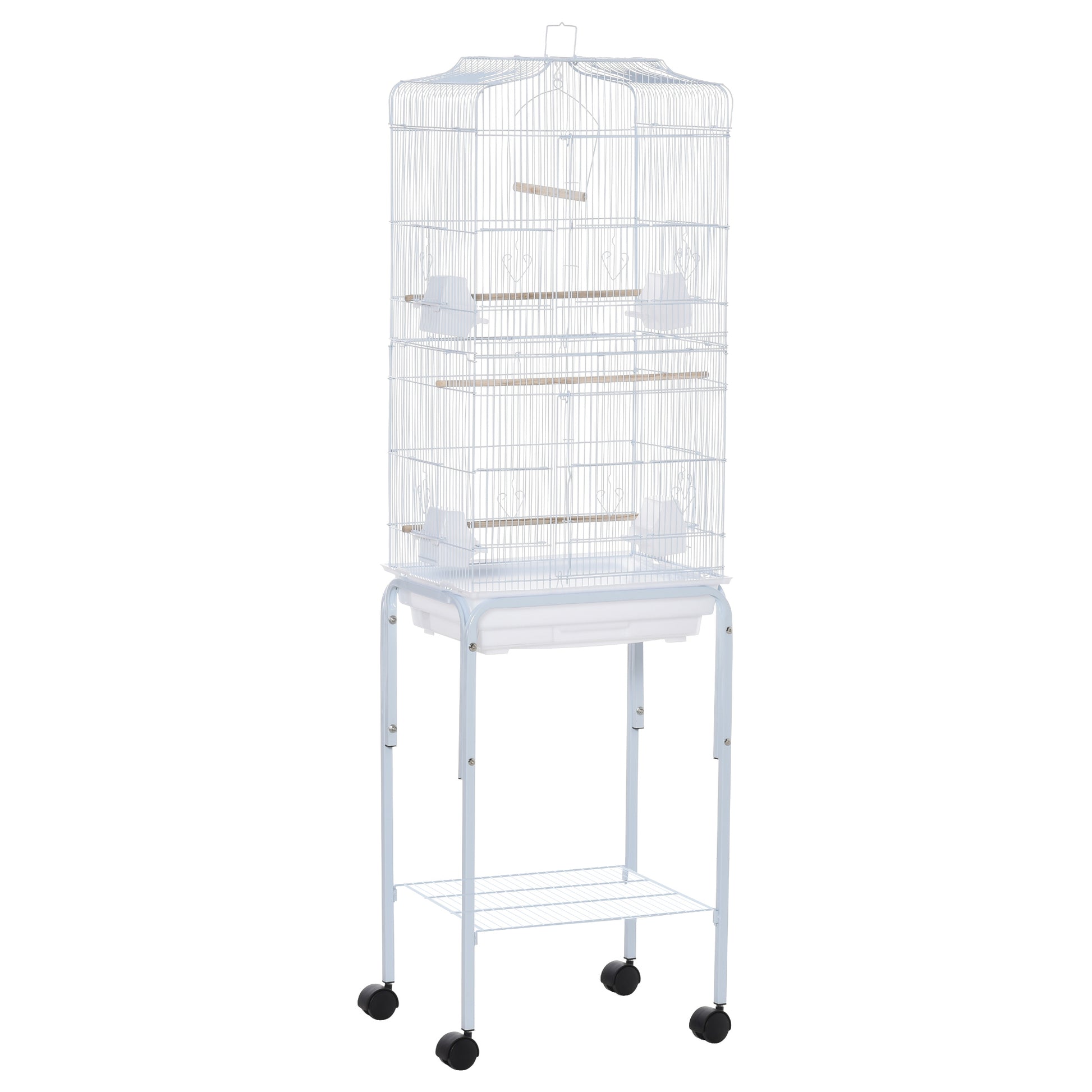 Pawhut Jaula Para Pájaros Con Soporte 4 Ruedas Y Comederos 46,5x36x157 Cm Blanco_0