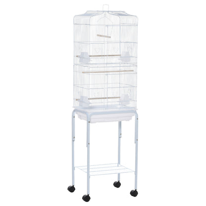 Pawhut Jaula Para Pájaros Con Soporte 4 Ruedas Y Comederos 46,5x36x157 Cm Blanco_0