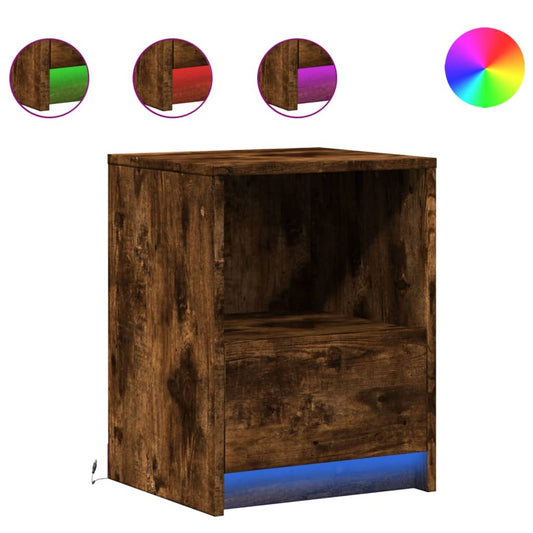 Mesita De Noche Con Luces Led Madera Ingeniería Roble Ahumado_0