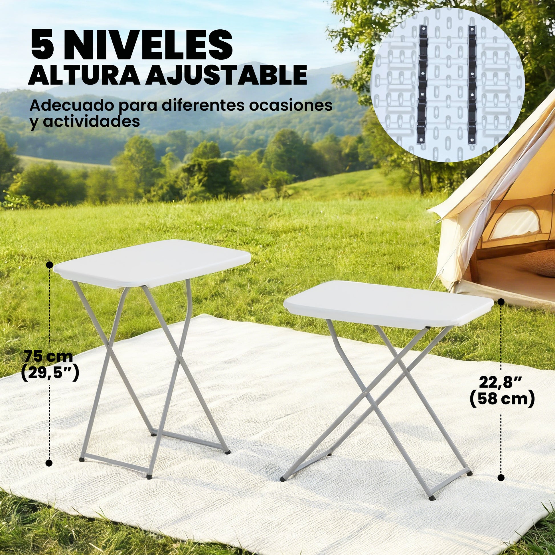 Outsunny Mesa Plegable Camping Portátil Con Altura Ajustable 75x50x73,5cm Blanco_5
