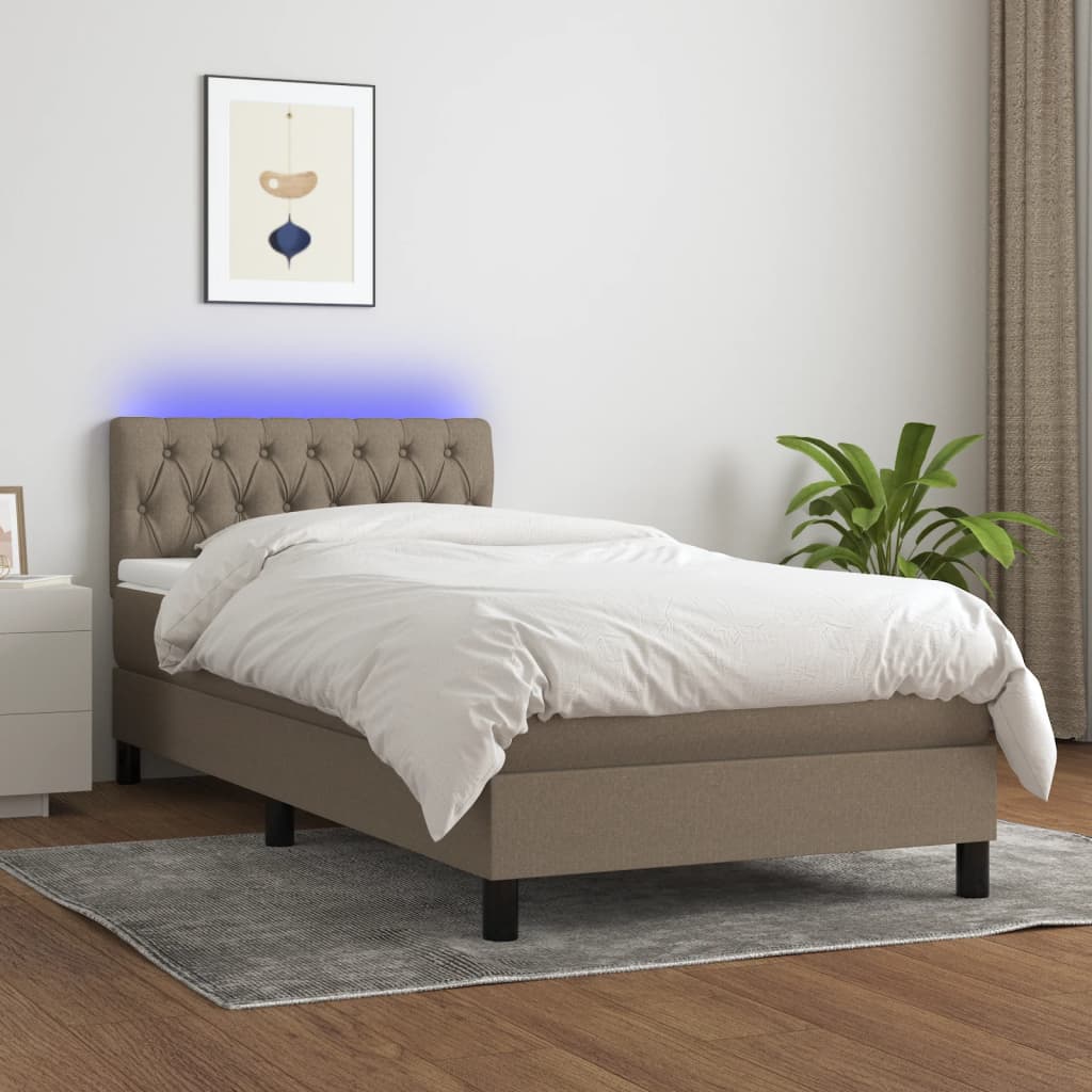 Cama Box Spring Colchón Y Luces Led Tela Gris Taupe 100x200 Cm / Vetonek_5