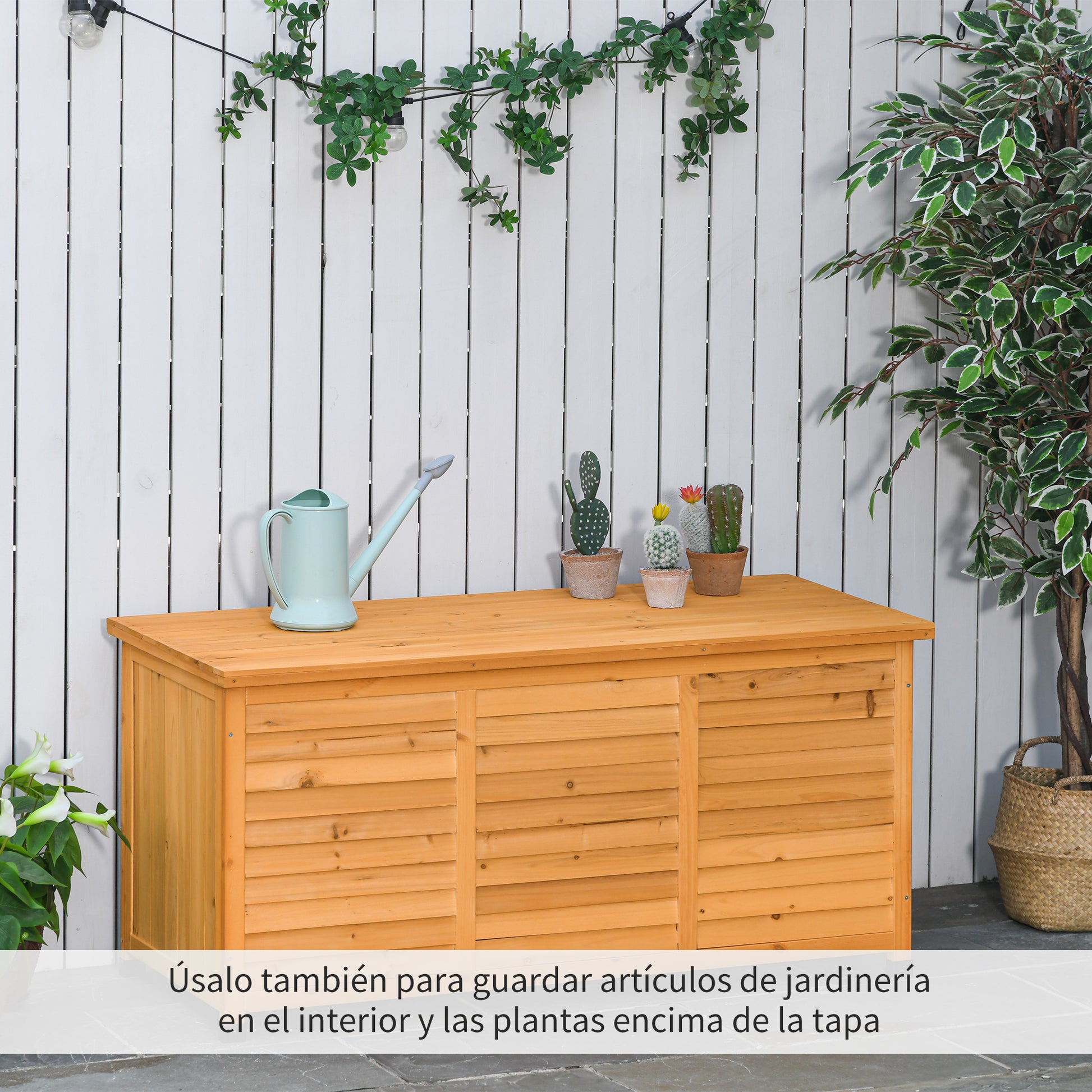 Outsunny Baúl De Madera Exterior Con Tapa Abrible Y Diseño Persiana 127x56x60 Cm_3