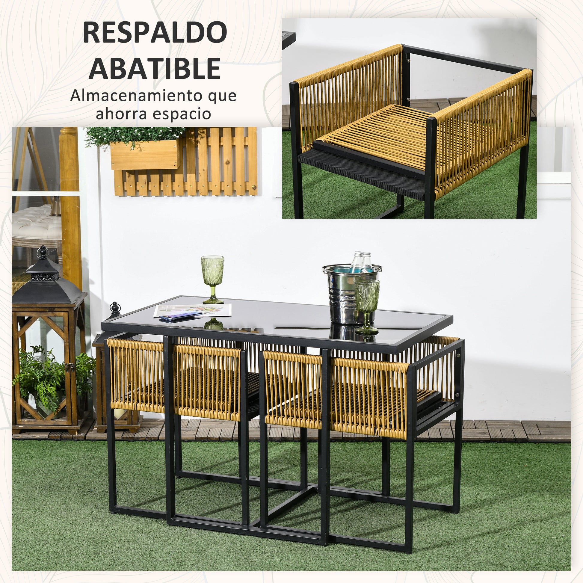 Outsunny Conjunto De Mesa Y Sillas De Jardín Exterior De 3 Piezas Natural Negro_4