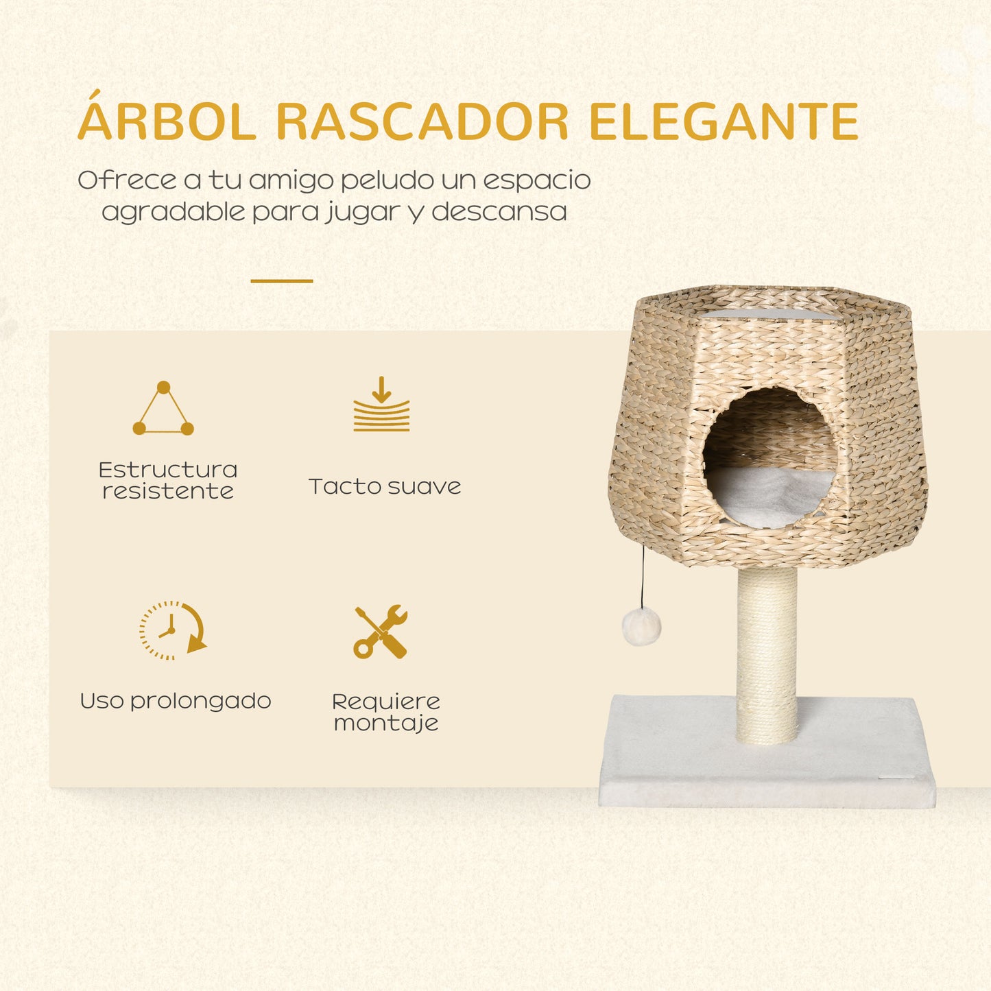 Pawhut Árbol Rascador Para Gatos Pequeño 66cm Con Cueva De Juncos Cama Y Cojines_3