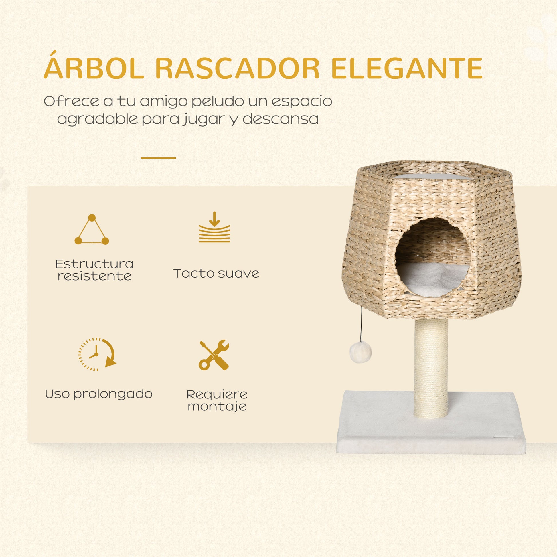 Pawhut Árbol Rascador Para Gatos Pequeño 66cm Con Cueva De Juncos Cama Y Cojines_3