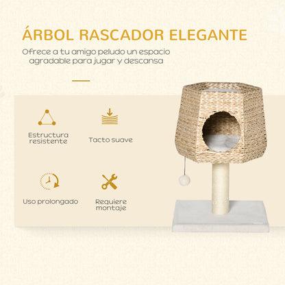 Pawhut Árbol Rascador Para Gatos Pequeño 66cm Con Cueva De Juncos Cama Y Cojines_3