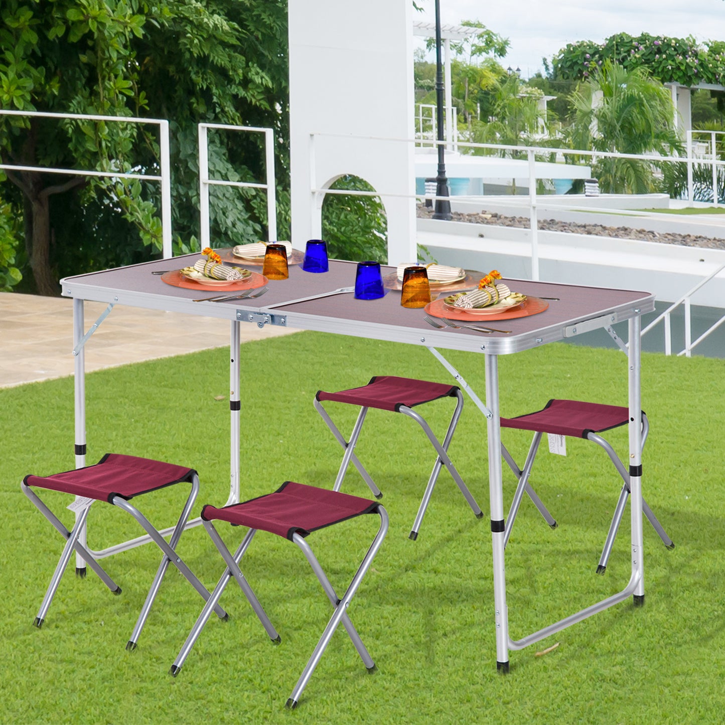 Outsunny Mesa Maleta De Aluminio 4 Taburete Plegable De Acampada Picnic Altura_1