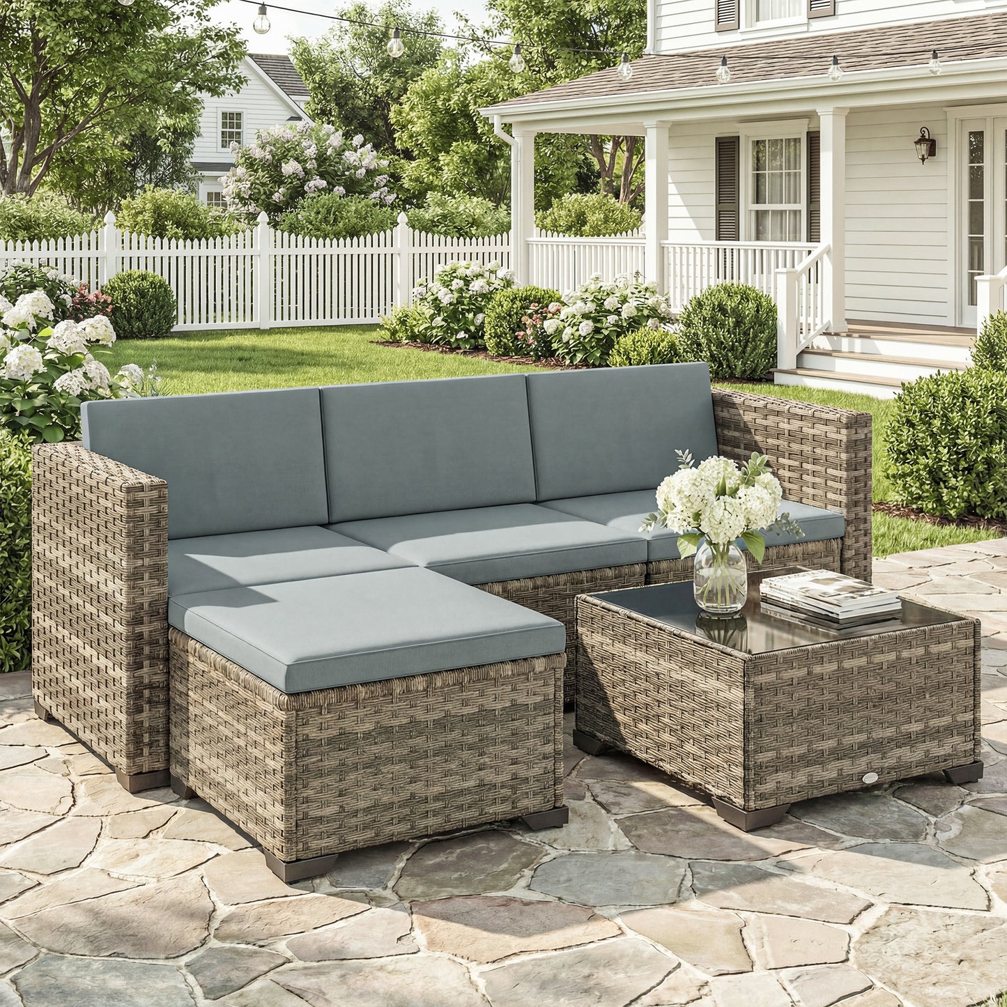 Outsunny Conjunto Muebles Jardín Exterior De Ratán 5 Piezas Cojines Gris Claro_1