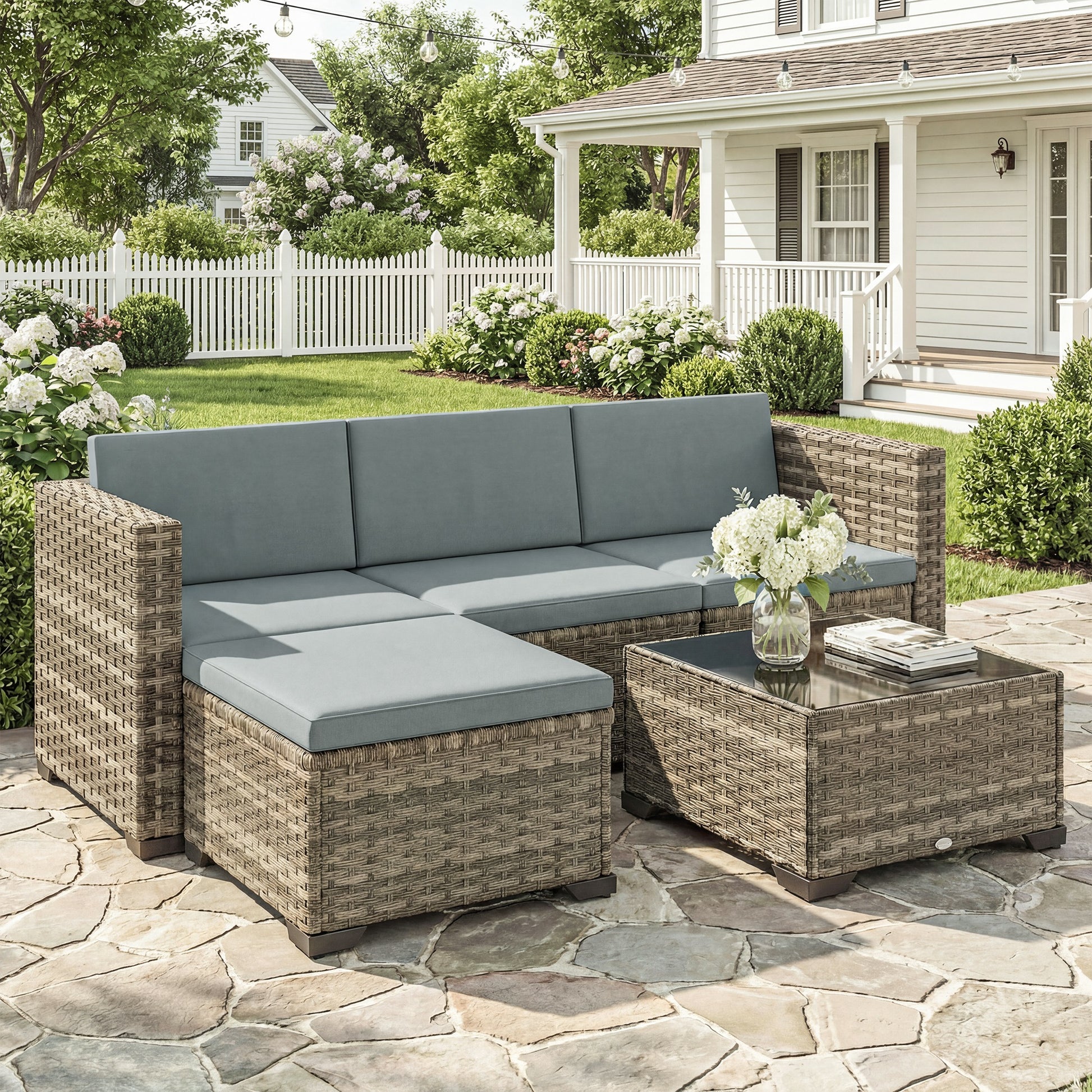 Outsunny Conjunto Muebles Jardín Exterior De Ratán 5 Piezas Cojines Gris Claro_1