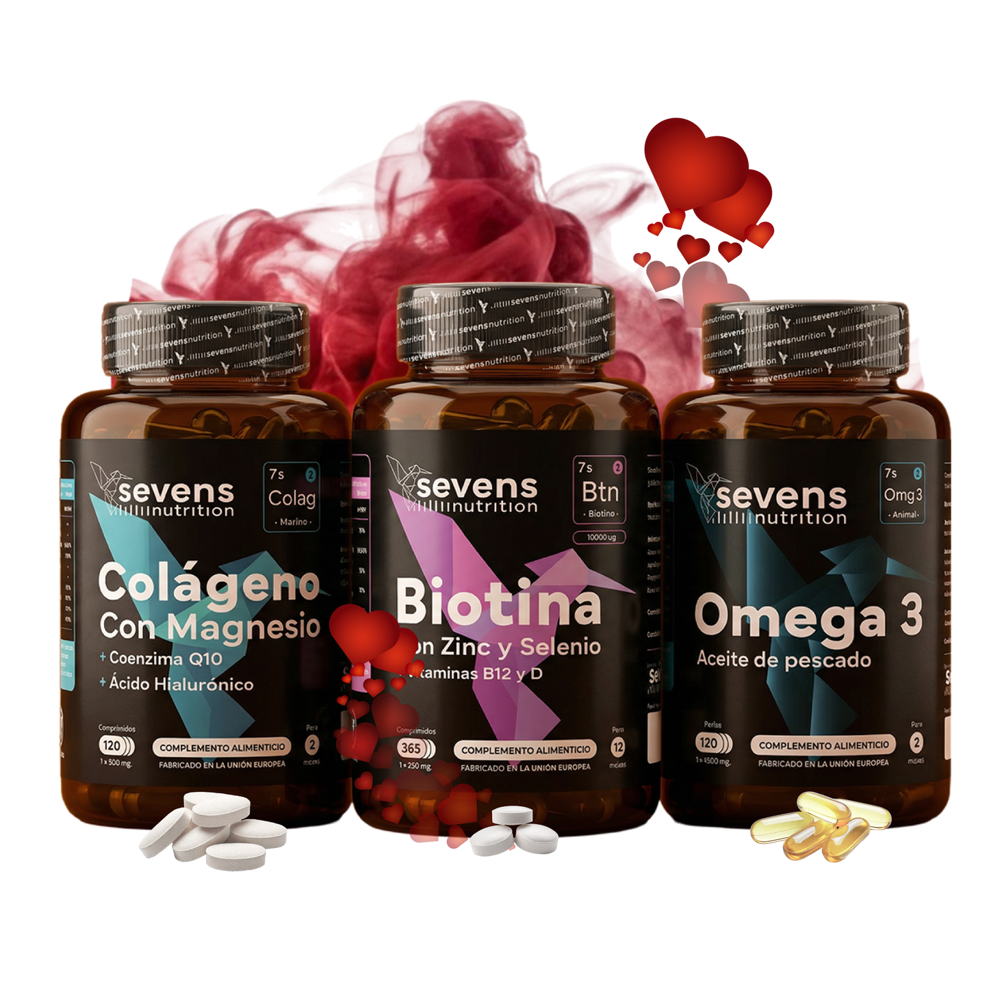 Pack Regalo San Valentín: Belleza: Incluye Biotina, Colágeno y Omega 3. Sevens Nutrition. Cabello, Piel Y Uñas_0