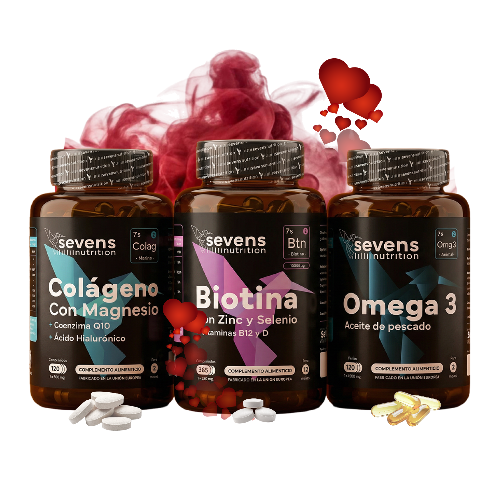 Pack Regalo San Valentín: Belleza: Incluye Biotina, Colágeno y Omega 3. Sevens Nutrition. Cabello, Piel Y Uñas_0