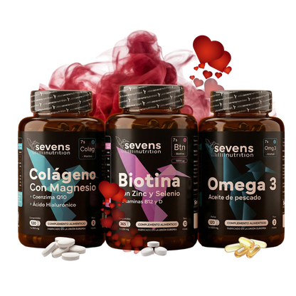 Pack Regalo San Valentín: Belleza: Incluye Biotina, Colágeno y Omega 3. Sevens Nutrition. Cabello, Piel Y Uñas_0