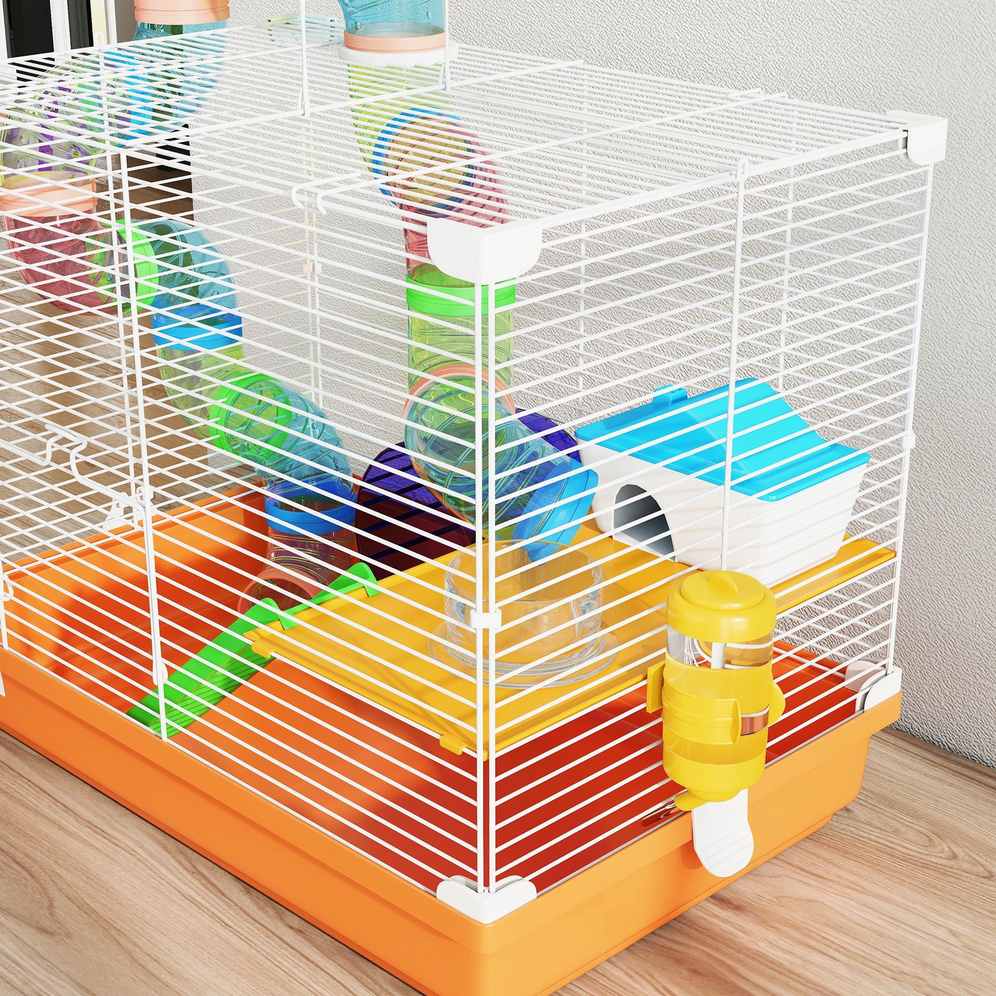 Pawhut Jaula Para Hámster Con Túnel Cuenco Bebedero Casita Rampa Naranja_3