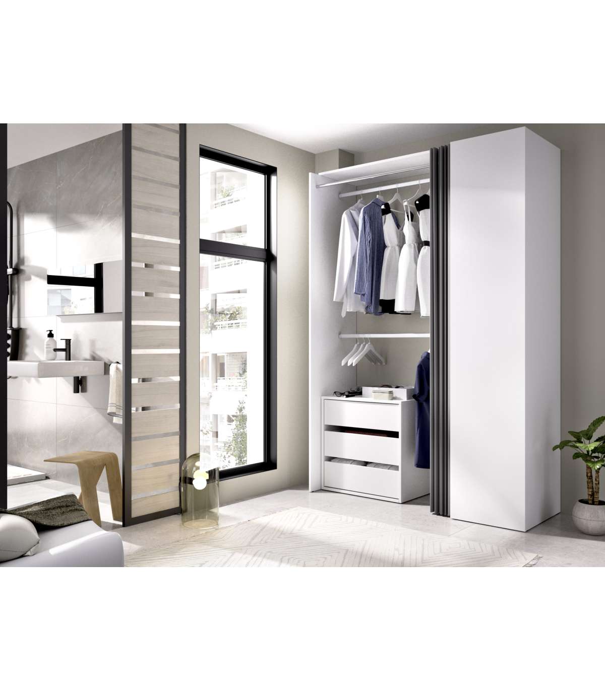 Vestidor Rus Con Columna Cerrada Cortina Cajonera Y Baldas En Blanco 205 Cm(alto)140,8 Cm(ancho)52 Cm(fondo)_0