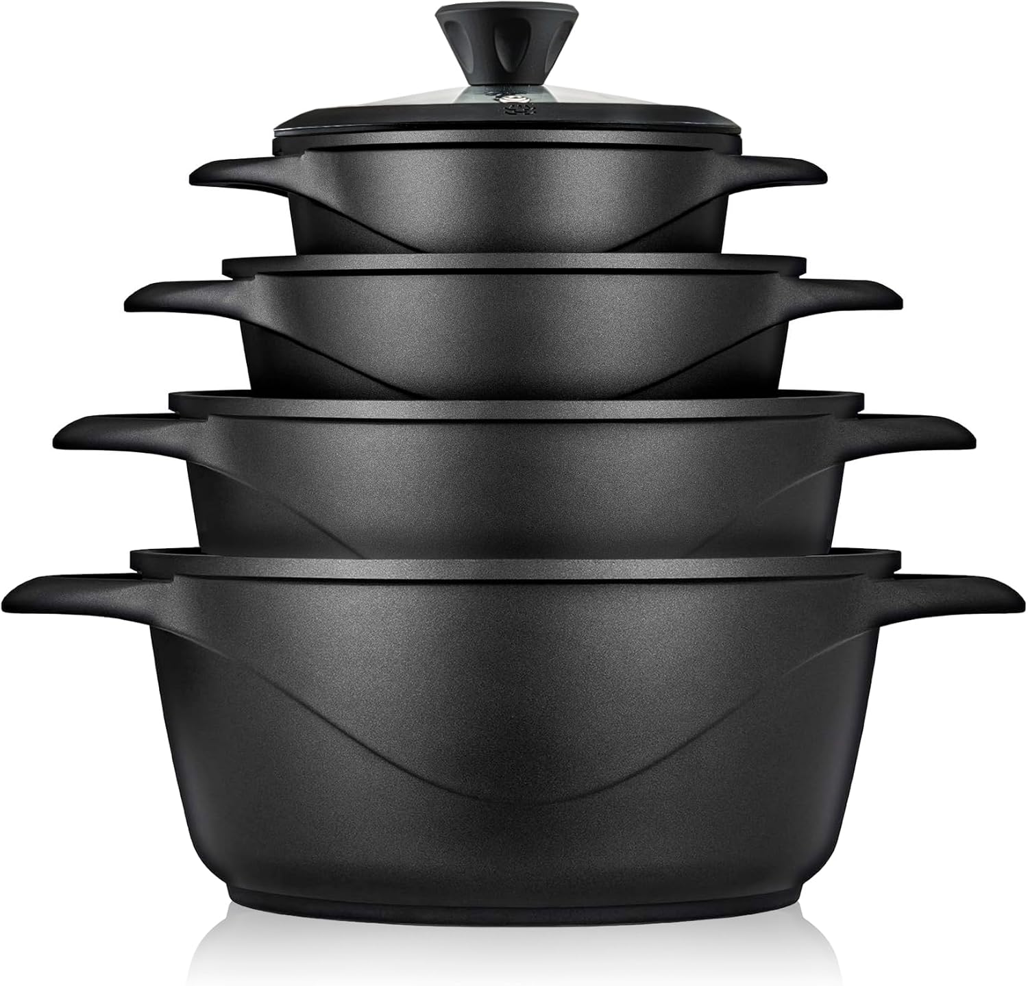 Briebe Batería De Cocina Inducción 8 Piezas Aluminio Fundido 4 Ollas Con Tapa De Cristal Antiadherente, Mgk12s, Negro_0