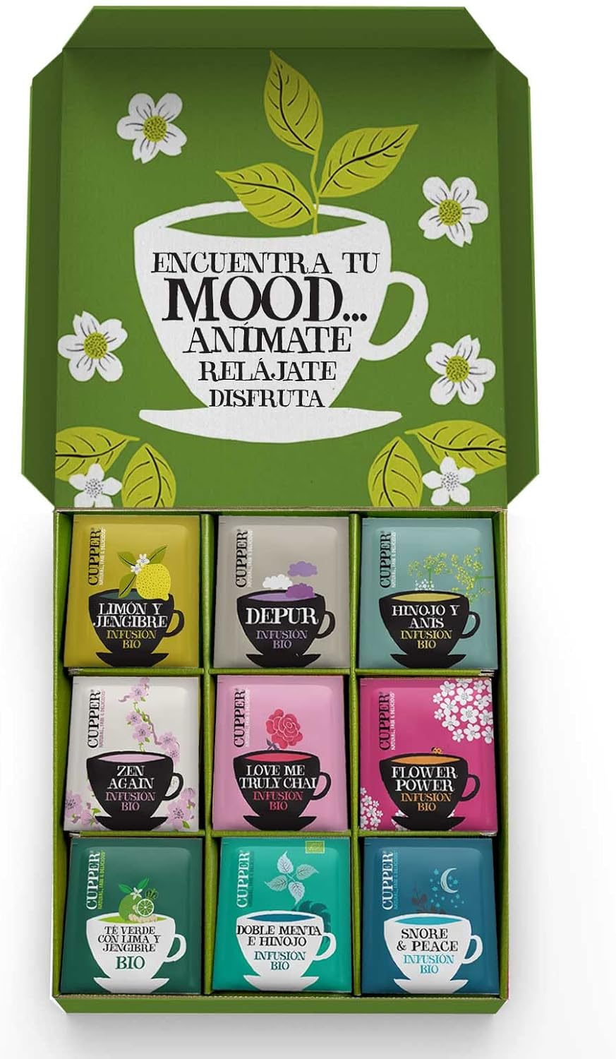 Pack 45 bolsitas de Infusiones y Tés Ecológicos Cupper 9 Sabores
