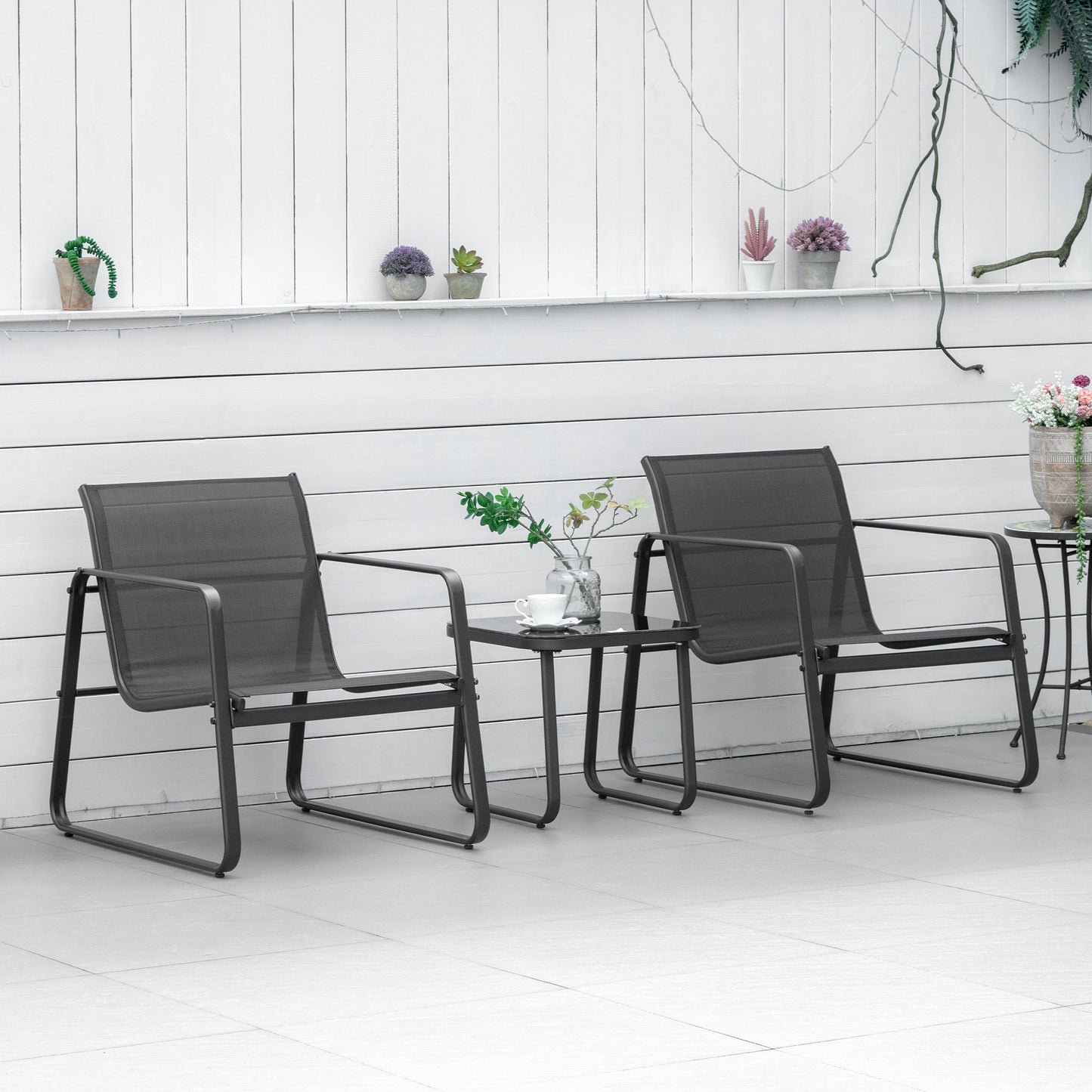 Outsunny Conjunto De Muebles De Jardín 3 Piezas Mesa De Vidrio Y 2 Sillas Negro_1