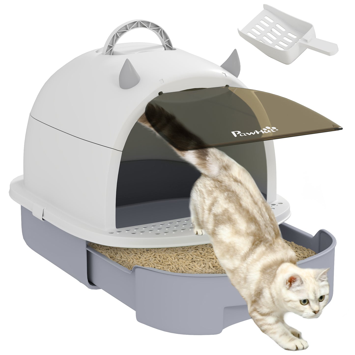 Pawhut Arenero Para Gatos Cubierto Con Bandeja Pala Y Asa Superior Blanco Y Gris_0
