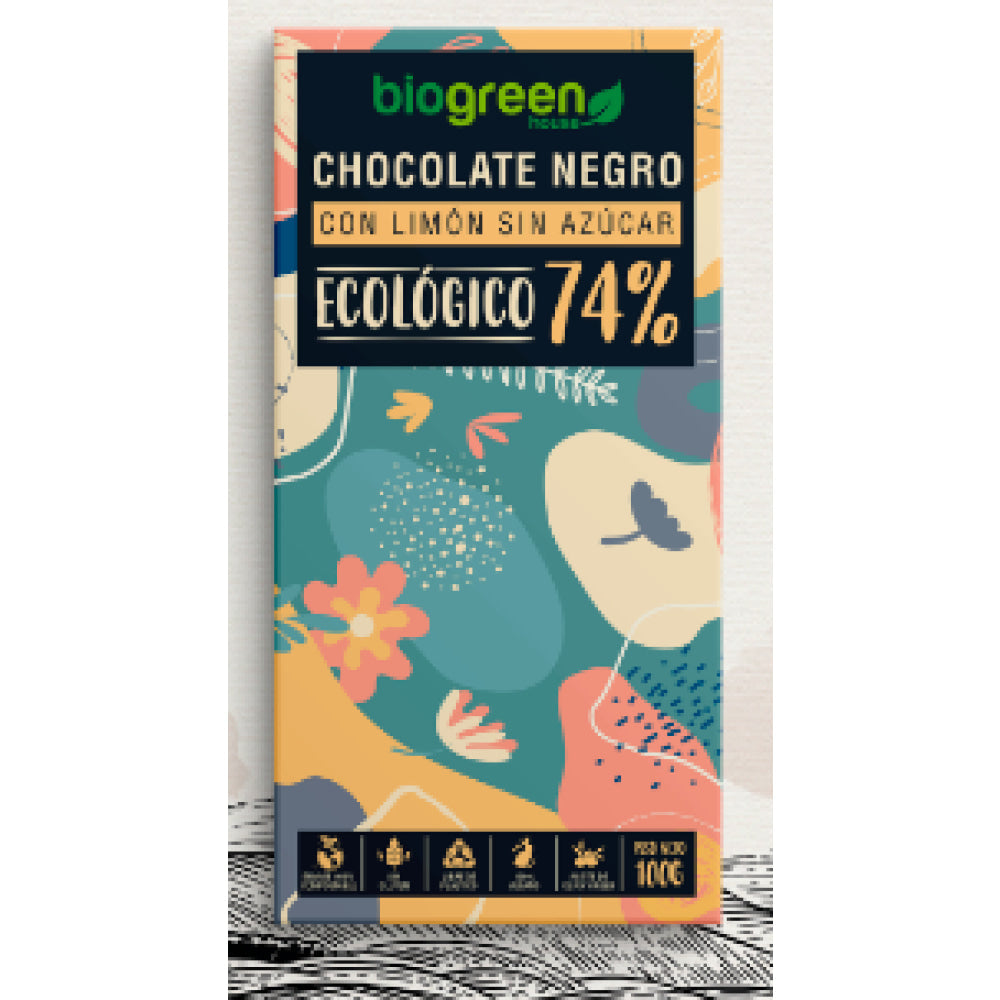 Tableta Chocolate Negro 74% Ecológico Sin Azúcar 100 Gr Limón_0