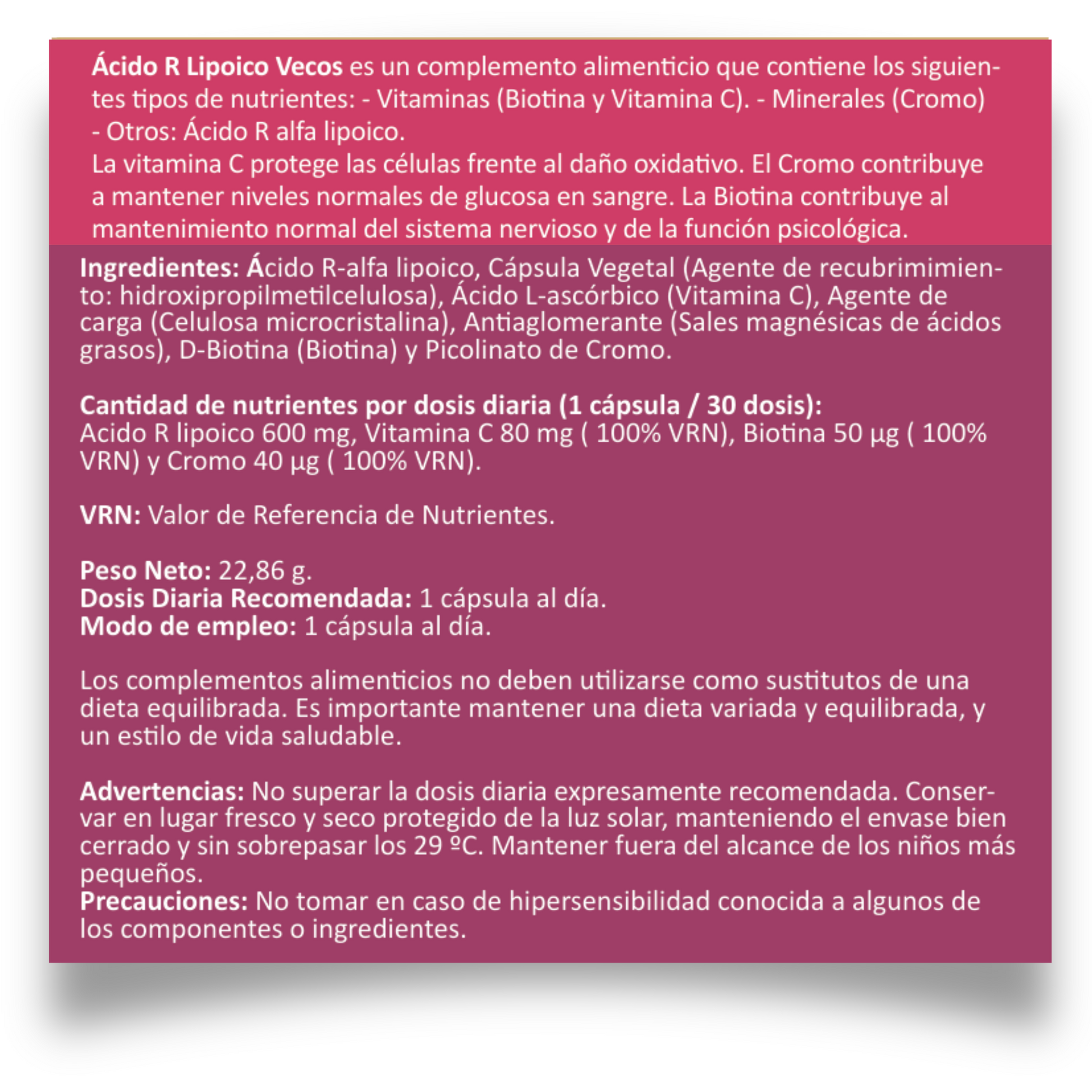 Ácido R Lipoico 600 Mg Vecos 30 Cápsulas | Potente Antioxidante | Con Vitamina C, Biotina Y Cromo_4