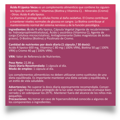 Ácido R Lipoico 600 Mg Vecos 30 Cápsulas | Potente Antioxidante | Con Vitamina C, Biotina Y Cromo_4