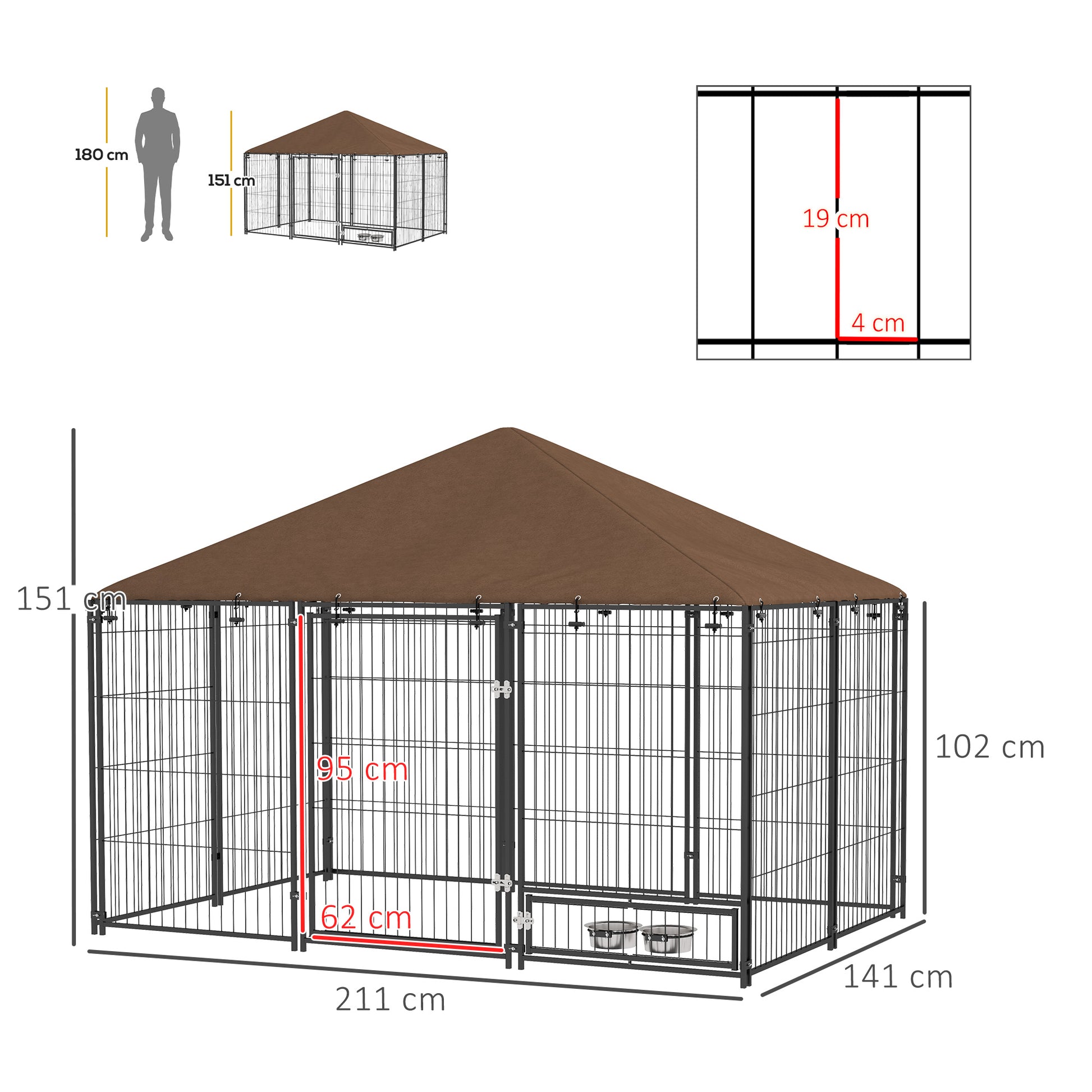 Pawhut Perrera Con Toldo Y 2 Cuencos Para Exterior 211x141x151 Cm Negro_2