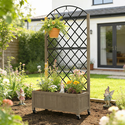 Outsunny Jardinera De Madera Con Enrejado Metálico Y Ruedas Carbonizado_3