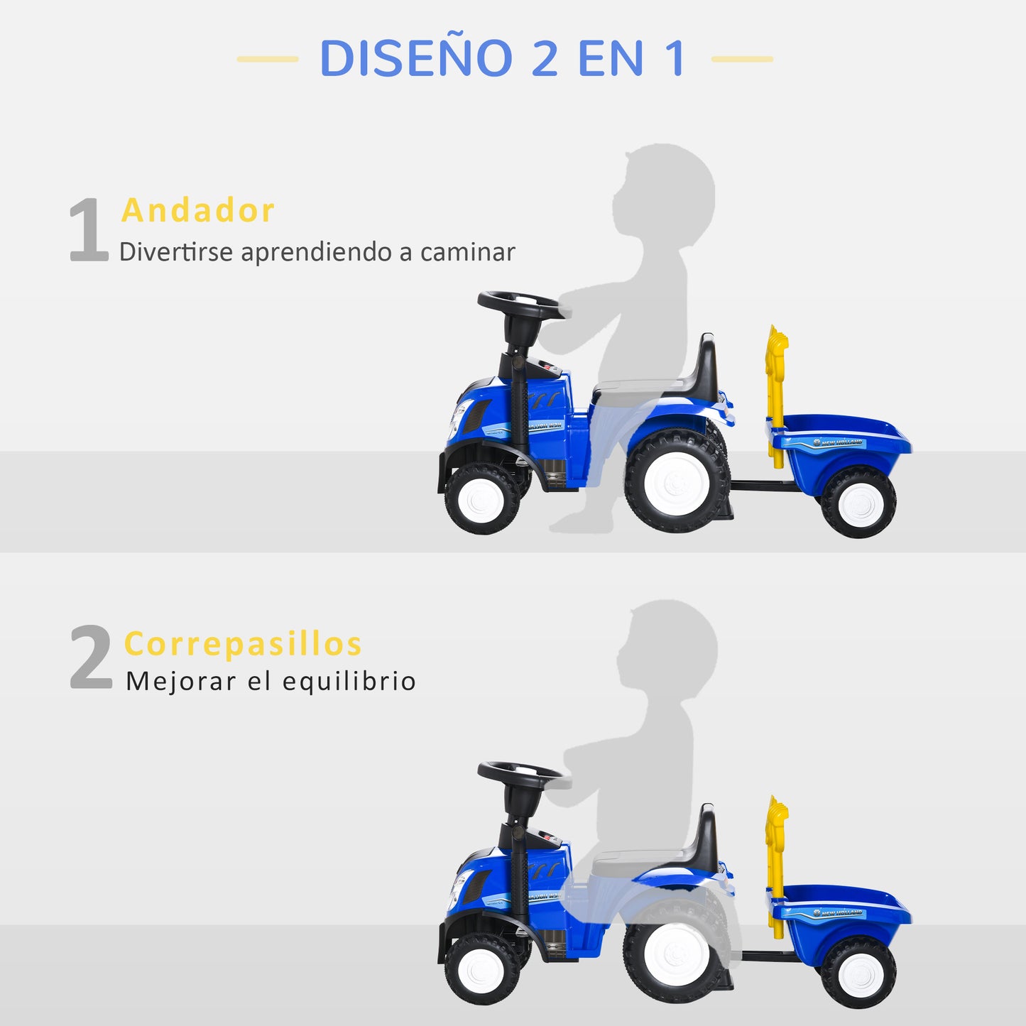 Homcom Tractor Con Remolque Para Niños 12-36 Meses Con Faros Pala Y Rastrillo_3