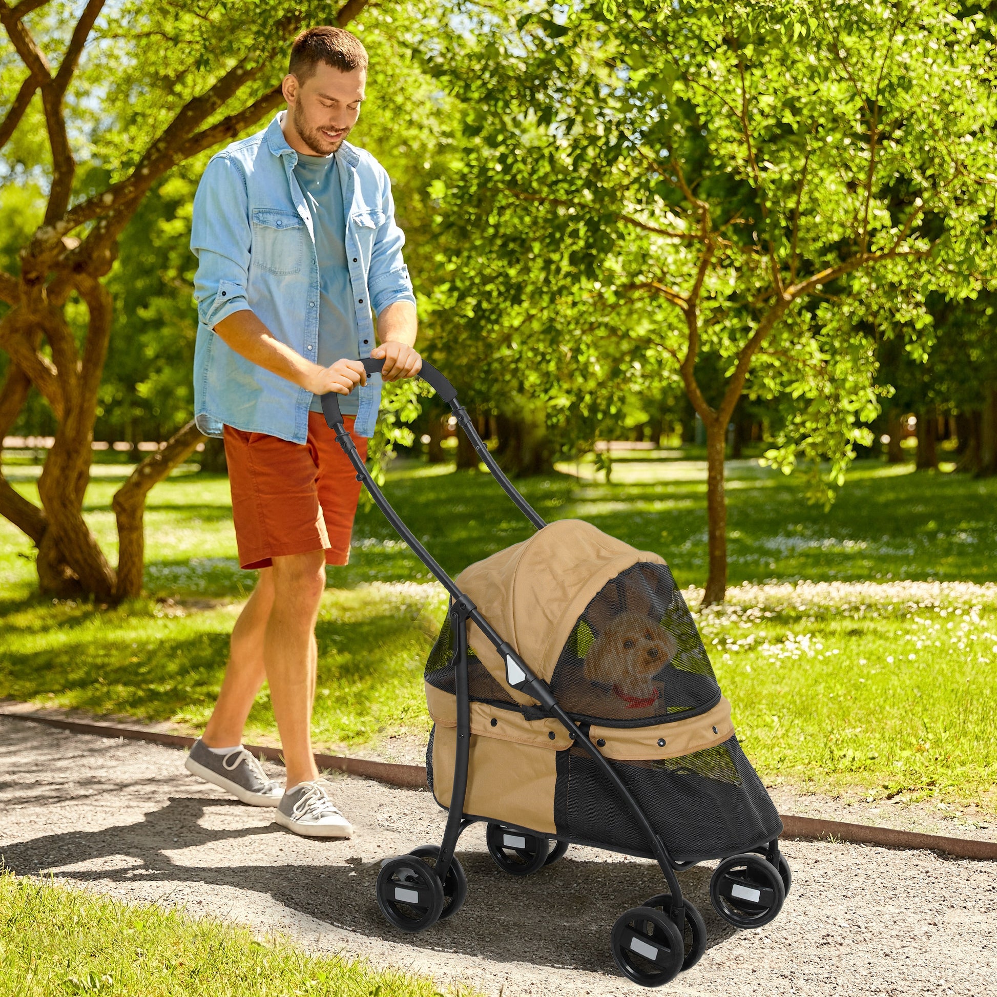 Pawhut Carrito Para Perros Plegable Con Ventanas De Malla Cojín Lavable Café_1