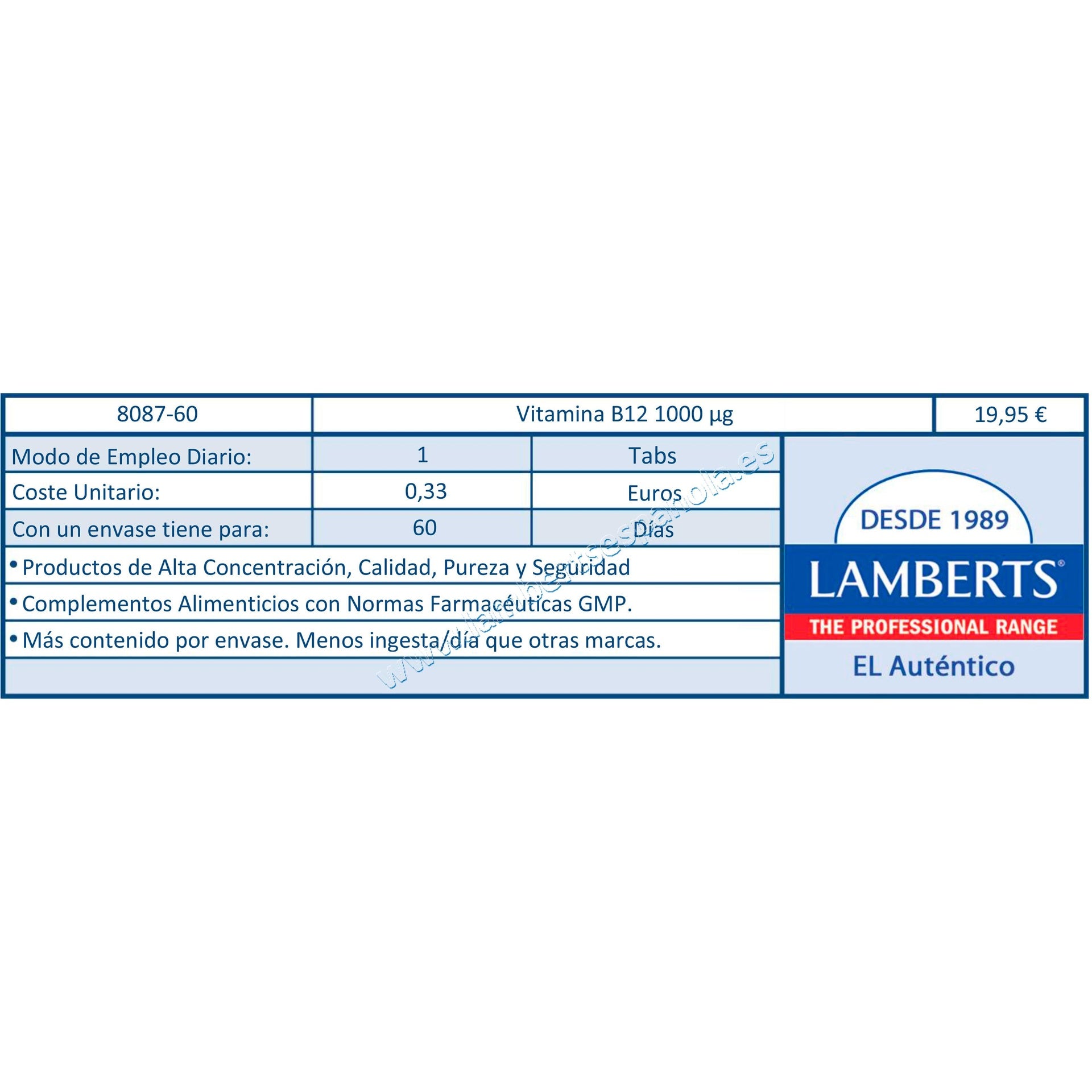 Vitamina B12  60 tabletas de 1000mg, Lamberts