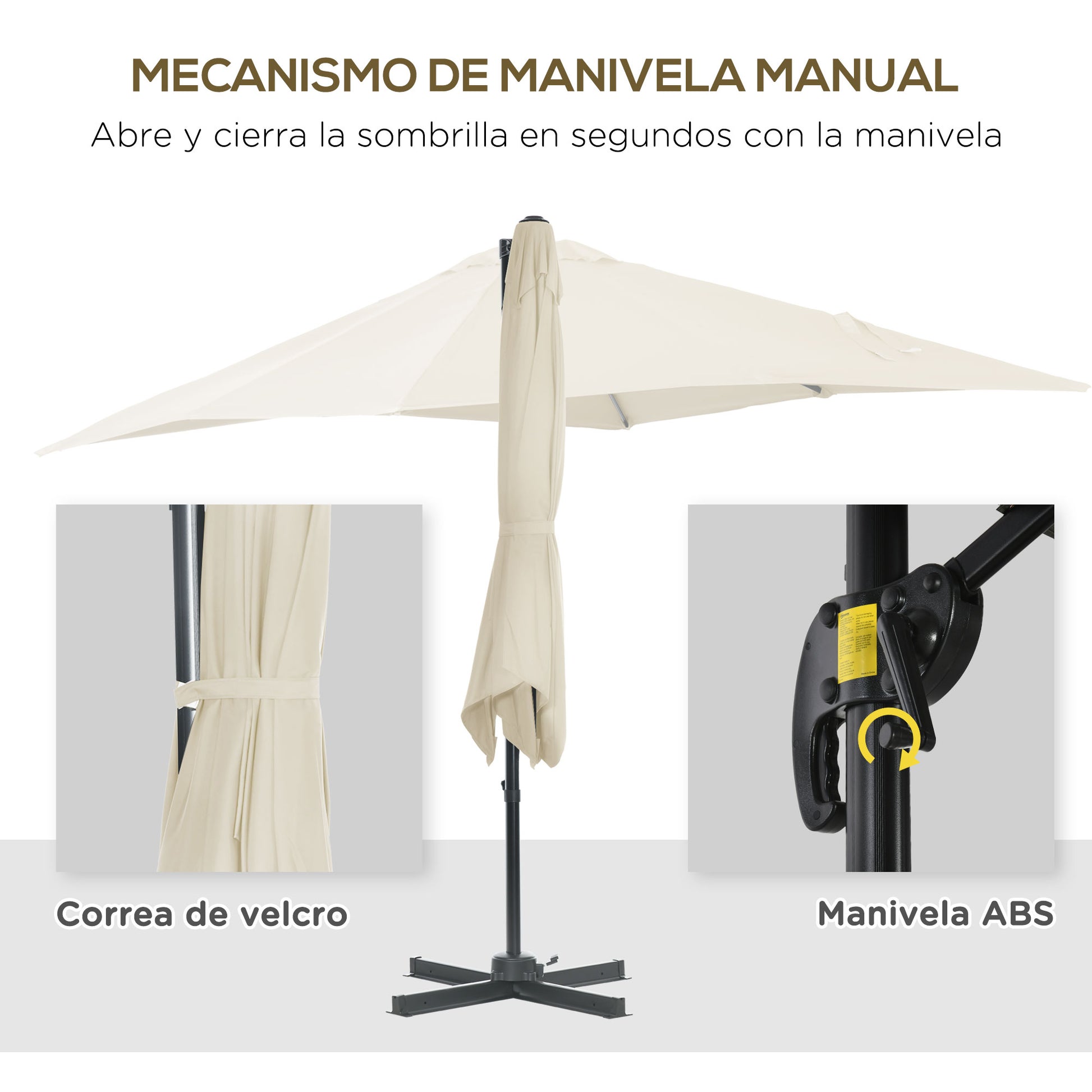 Outsunny Sombrilla De Jardín De Aluminio 245x245x245 Cm Con Manivela Crema_5