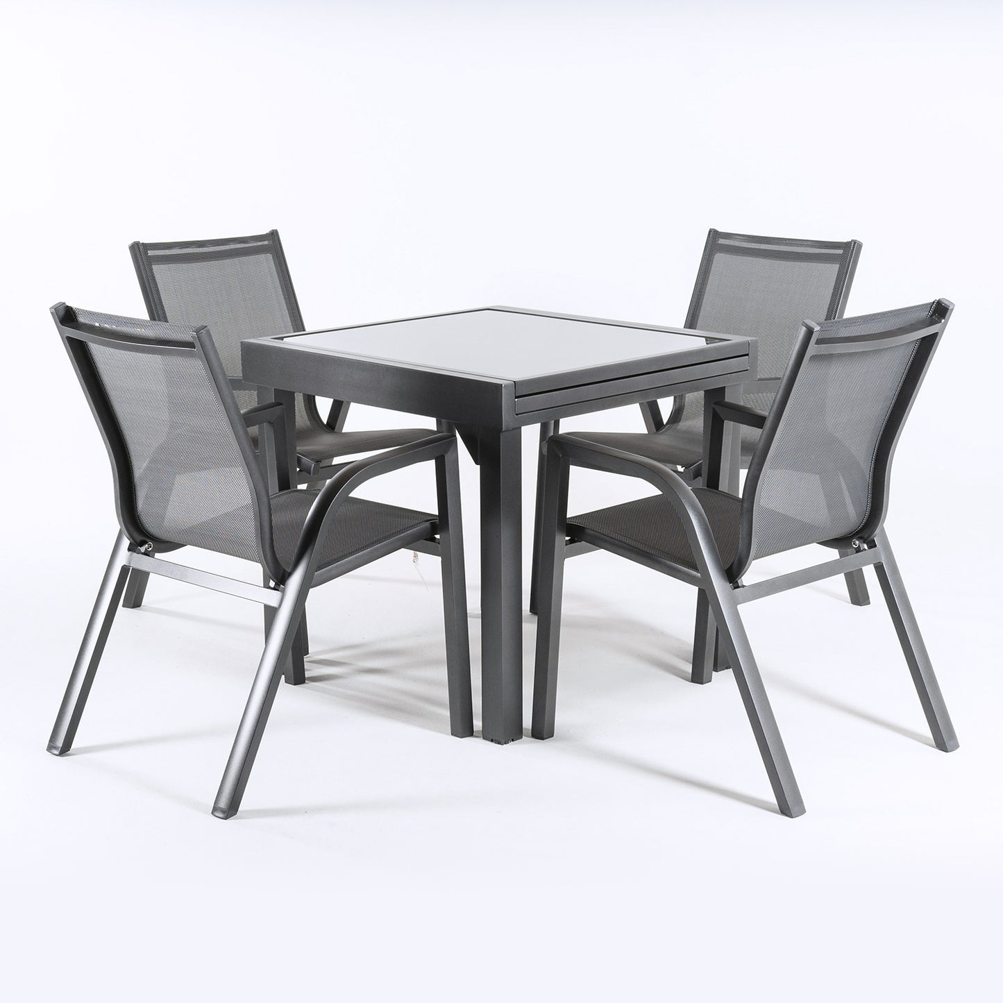 Conjunto Exterior Color Antracita, Mesa Extensible 80/160 Y 4 Sillones Apilables, Aluminio Reforzado, Textilene Plata Y Negro, 4 Plazas_2