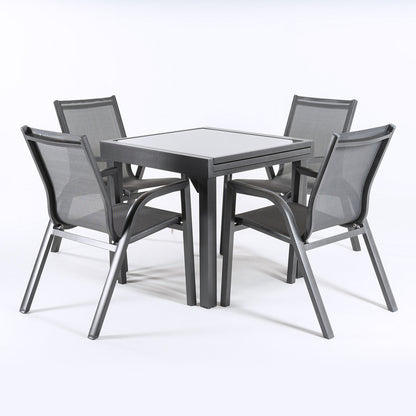 Conjunto Exterior Color Antracita, Mesa Extensible 80/160 Y 4 Sillones Apilables, Aluminio Reforzado, Textilene Plata Y Negro, 4 Plazas_2