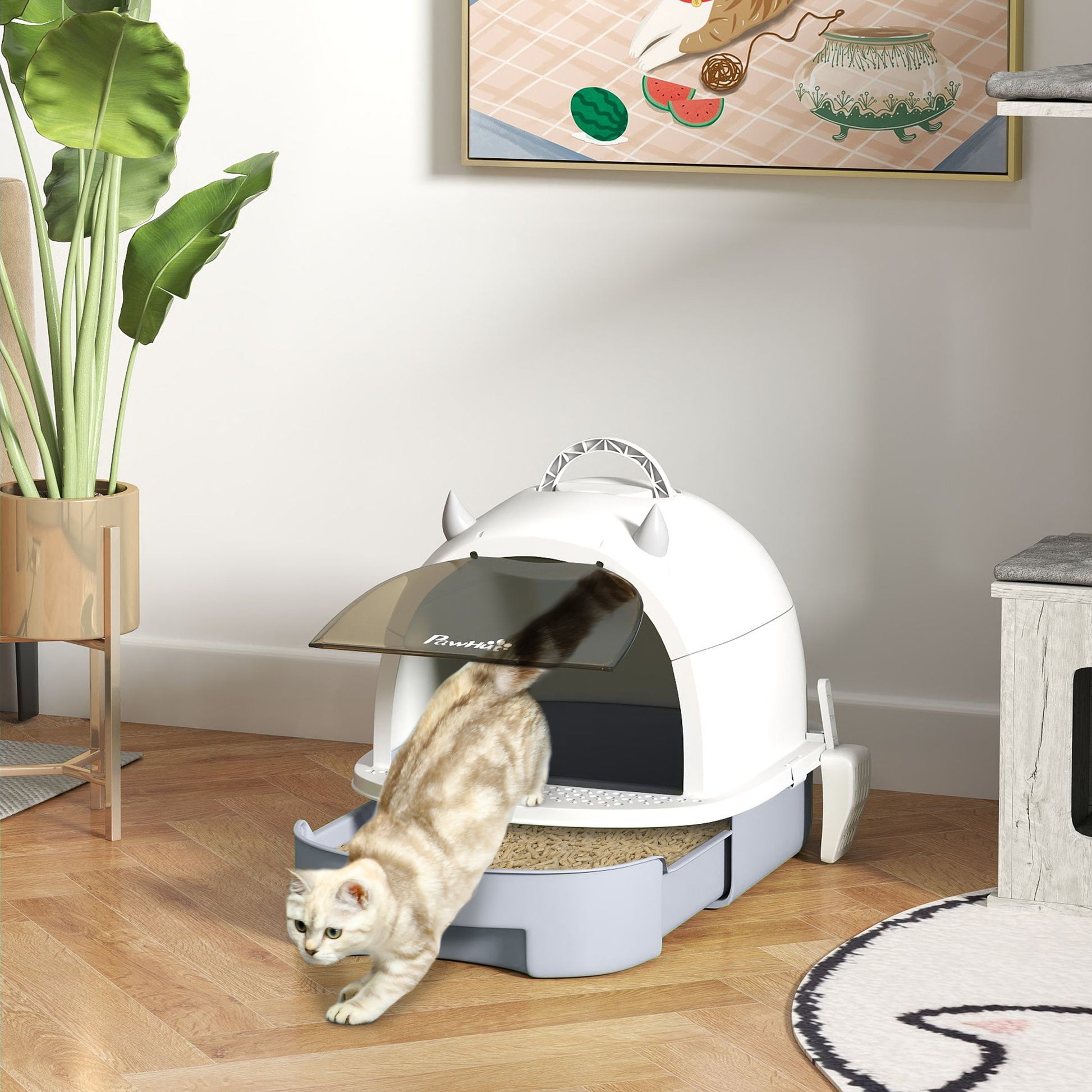 Pawhut Arenero Para Gatos Cubierto Con Bandeja Pala Y Asa Superior Blanco Y Gris_1