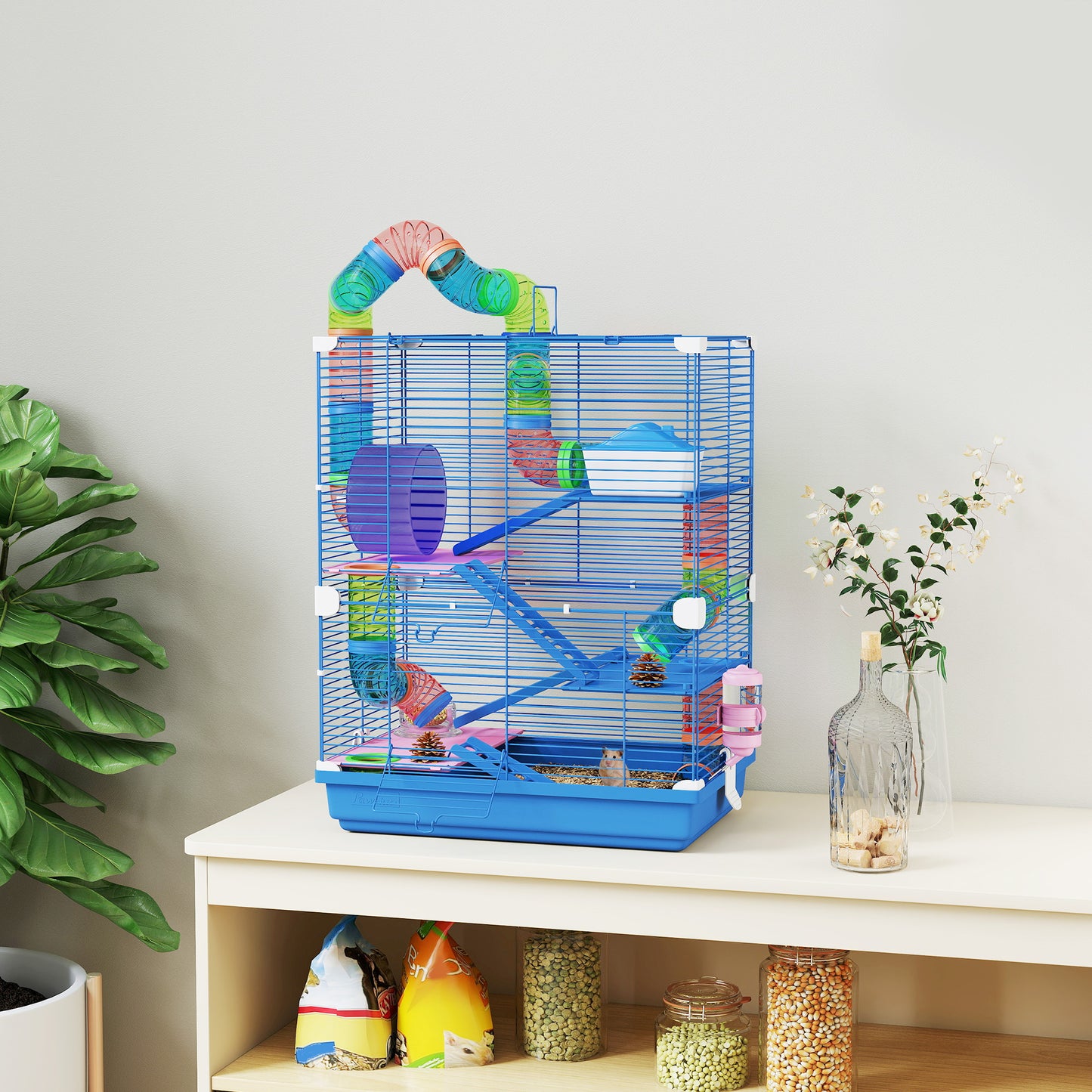Pawhut Jaula Para Hámster Con Túnel Cuenco Bebedero 46x30x58 Cm Azul_1