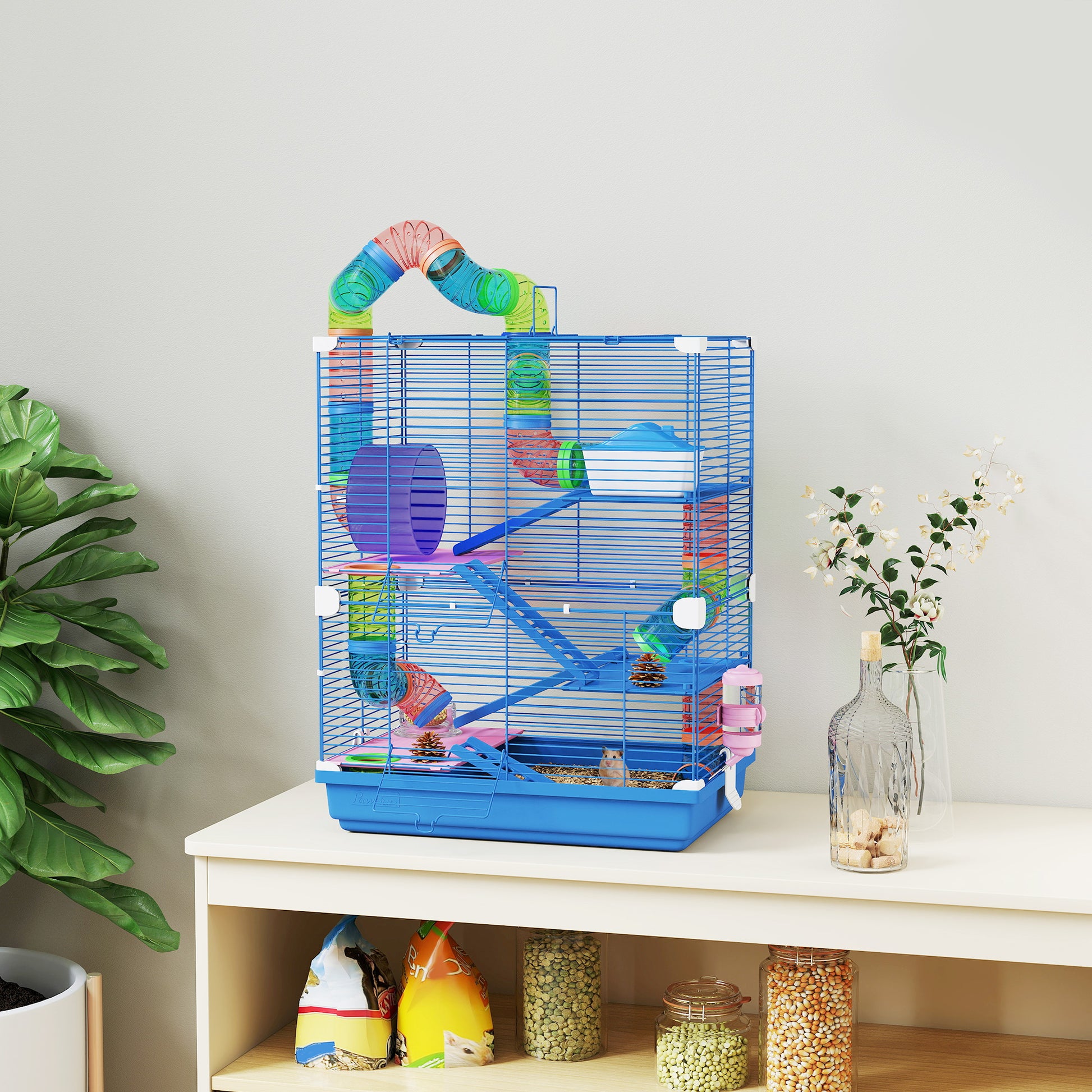 Pawhut Jaula Para Hámster Con Túnel Cuenco Bebedero 46x30x58 Cm Azul_1