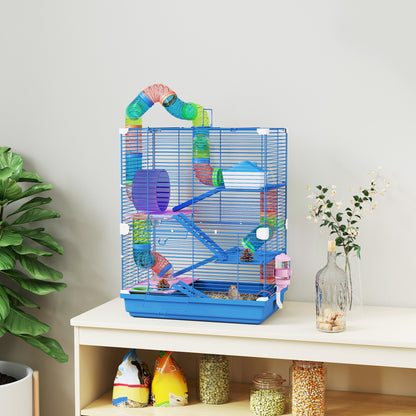 Pawhut Jaula Para Hámster Con Túnel Cuenco Bebedero 46x30x58 Cm Azul_1