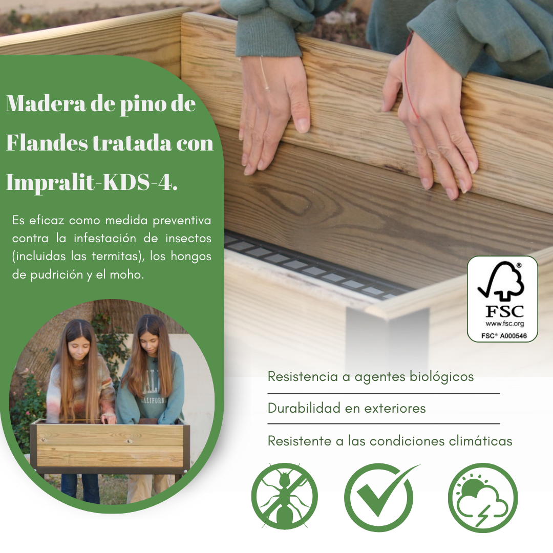 MI HUERTO URBAN Jardinera Elevada Madera con Bandeja Recoge Aguas | Estructura Metálica | Verde | 90x40x90cm