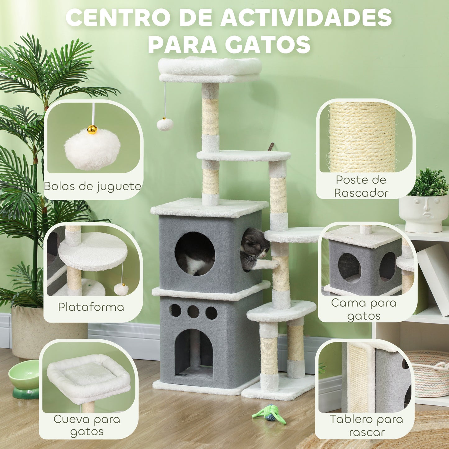 Pawhut Árbol Rascador Para Gatos 126 Cm Con Plataformas Bolas Colgantes Crema_4
