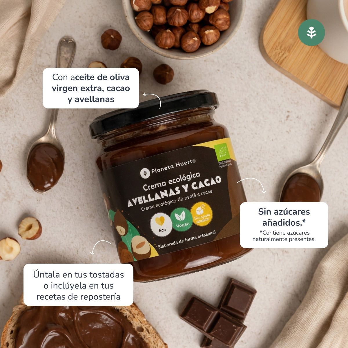 Pack 3x Crema de avellanas y cacao sin azúcares añadidos ECO Planeta Huerto 230 g