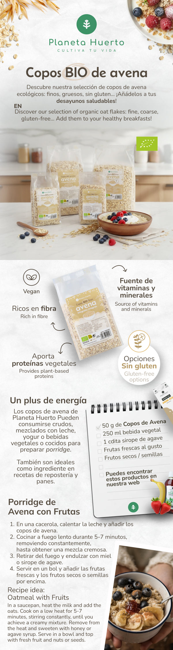 Pack 2x Copos de Avena integrales gruesos ECO Planeta Huerto 500 g