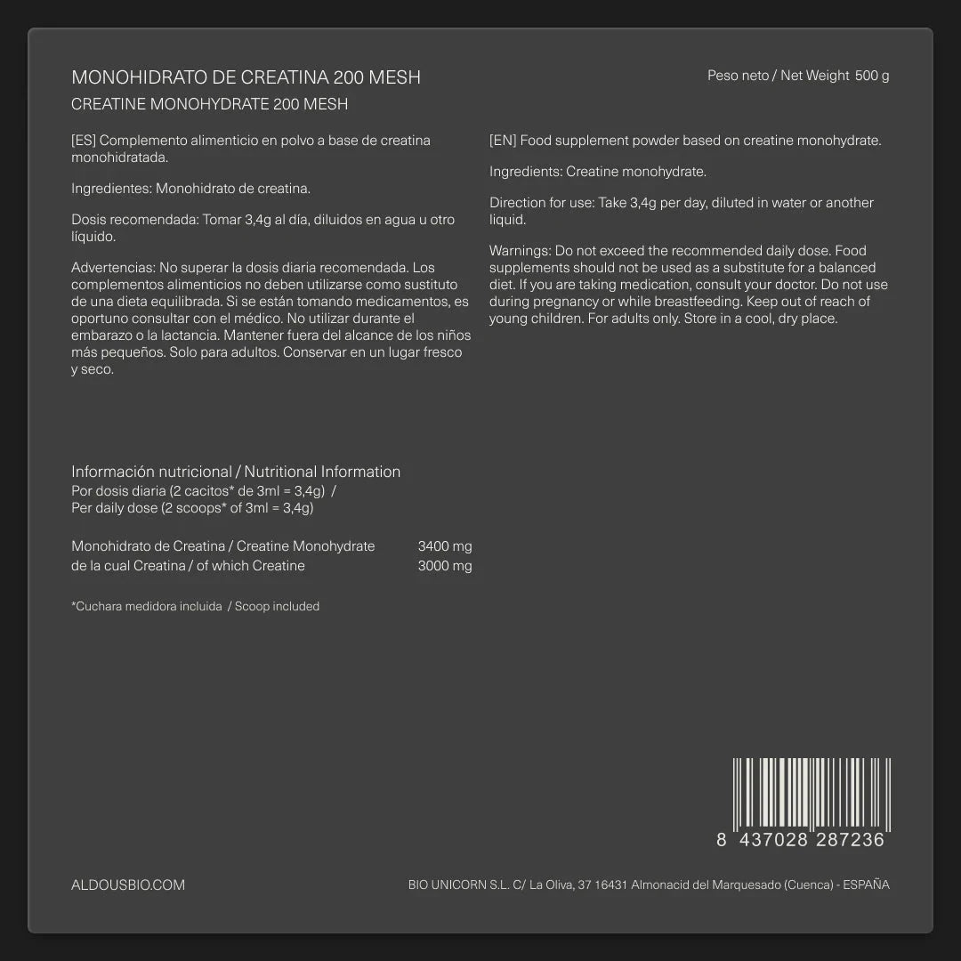 Etiquetado Creatina Monohidratada 200 Mesh 500 g Aldous Bio