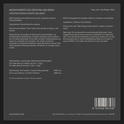 Etiquetado Creatina Monohidratada 200 Mesh 500 g Aldous Bio