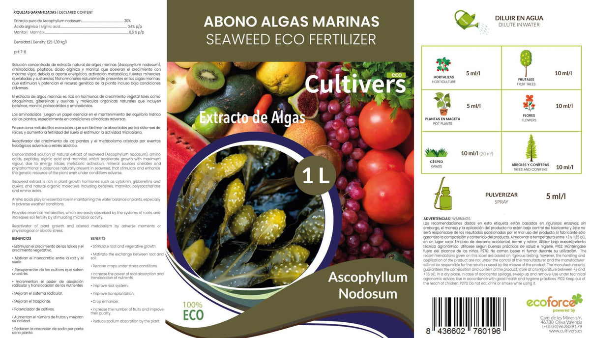 Cultivers Fertilizante Algas Marinas Líquido 10 L. Abono Orgánico Para Plantas Extracto De Ascophyllum Nodosum…_1
