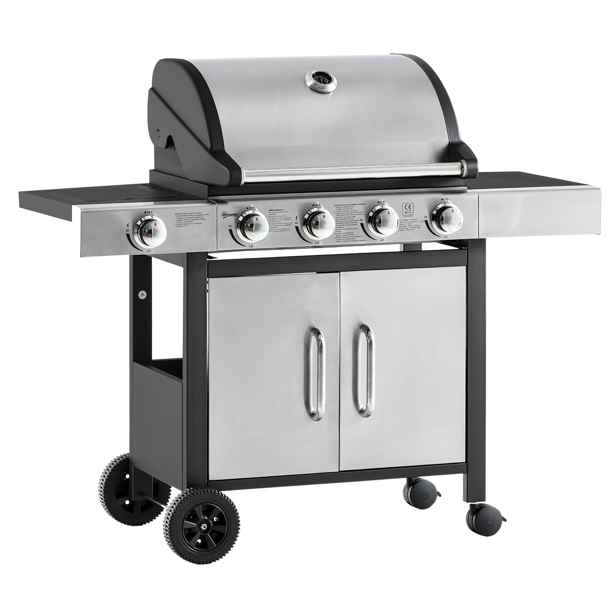 Outsunny Barbacoa De Gas Con Ruedas 5 Quemadores Armario Acero Inox. Bbq 3kw_0